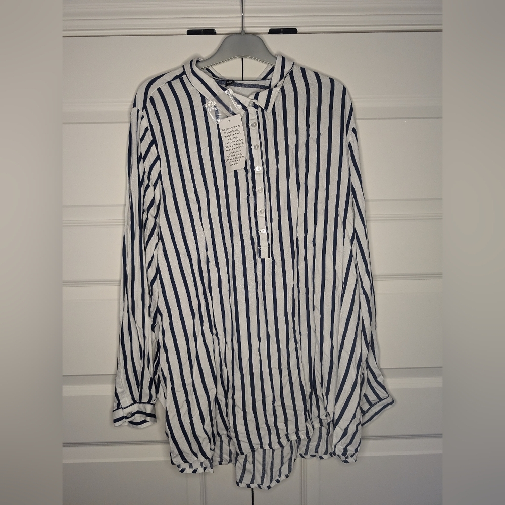 NWT Ellos Size 24 Navy Stripe Tunic Blouse 7 Button Front -Extra button included